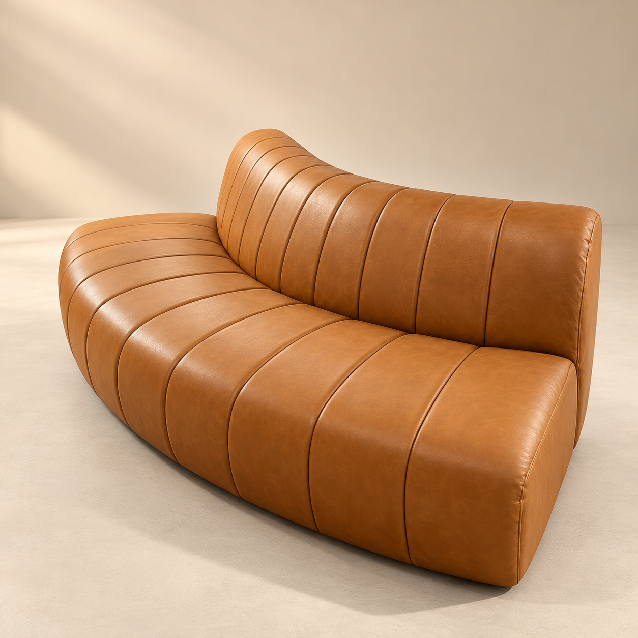 Curved Caramel Leather Channel Sofa Curved Caramel Leather Channel Sofa - Image 1