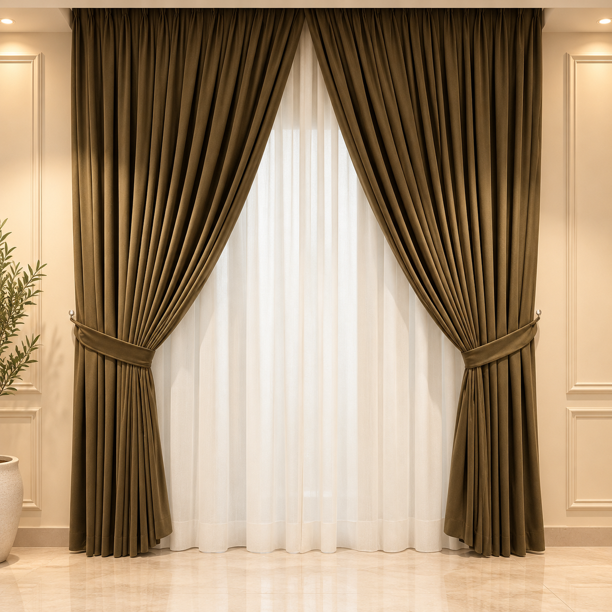 Elegant Olive Curtains in a Warm Interior Fellini Designer Curtains - Image 1