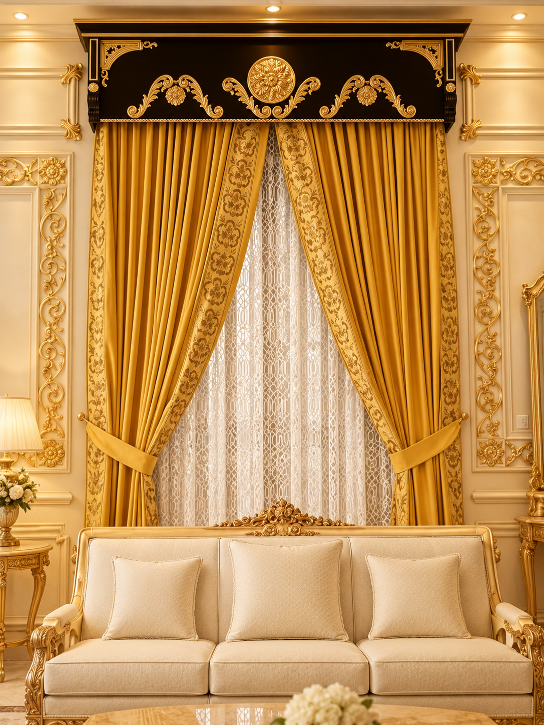 Opulent Golden Baroque Living Room Palissade Designer Curtains - Image 1